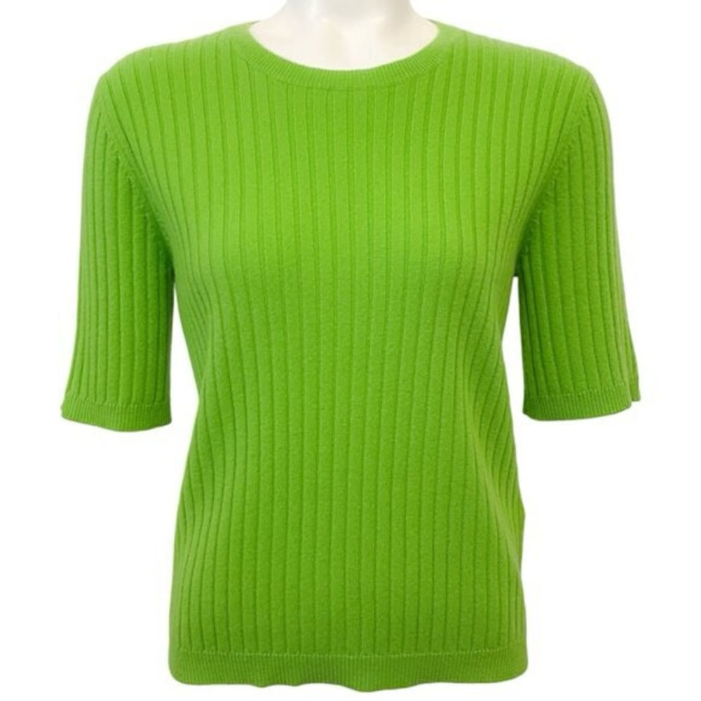 NWT Allude Lime Green Cashmere Ribbed Short Sleeve Sweater, size M